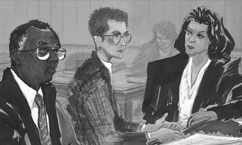 Courtroom sketch and newspaper text