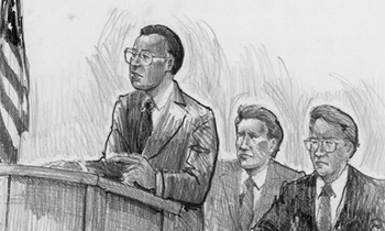 Courtroom sketch and newspaper text